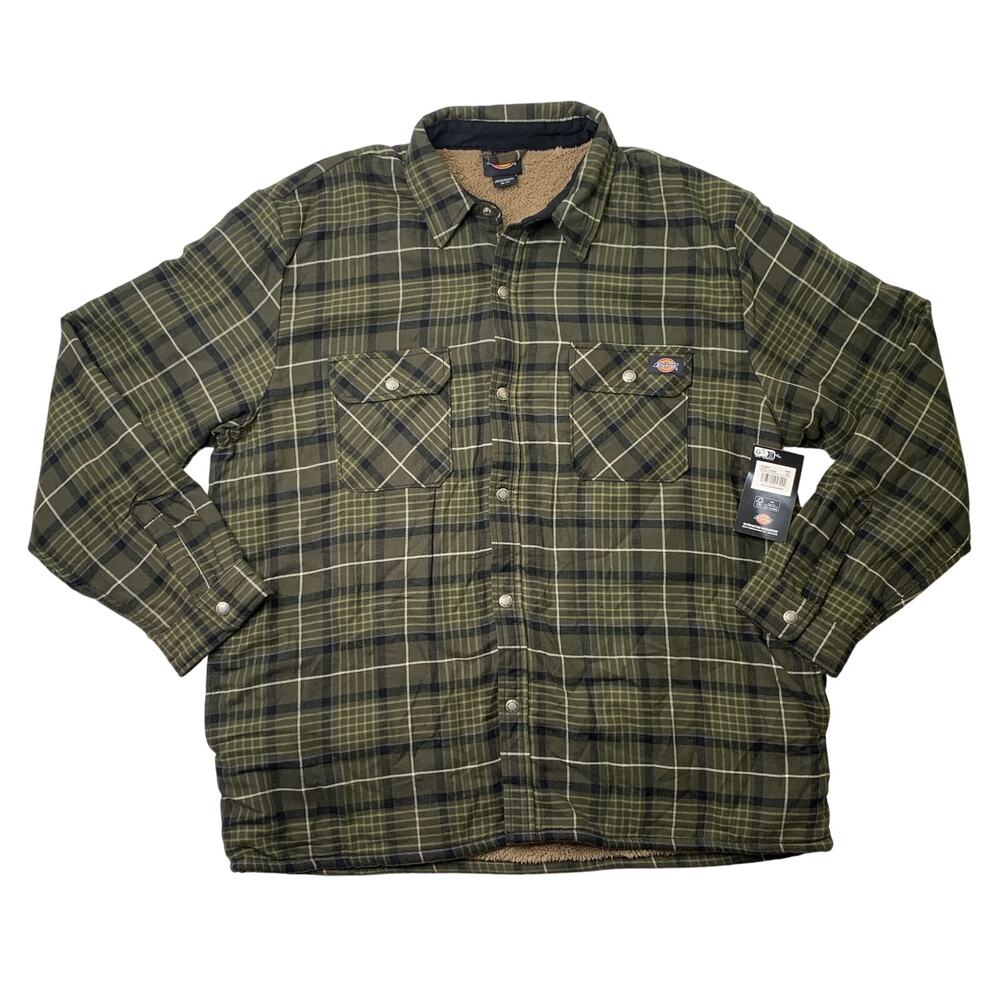 Dickies Jacket Mens 2XL Hunter Green Sherpa Lined Woven Flannel Snap Shacket